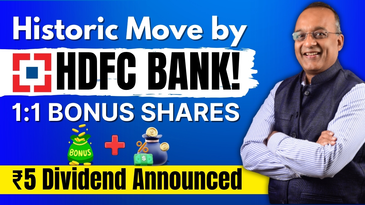 HDFC Bank Bonus Issue: Historic move by HDFC Bank with 1:1 bonus shares and ₹5 dividend announced, featuring a smiling man on the right